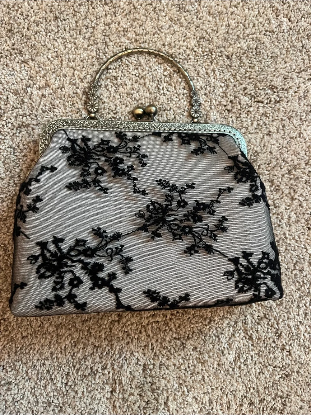 Black Lace Overlay Evening Clutch with Antique-Style Frame